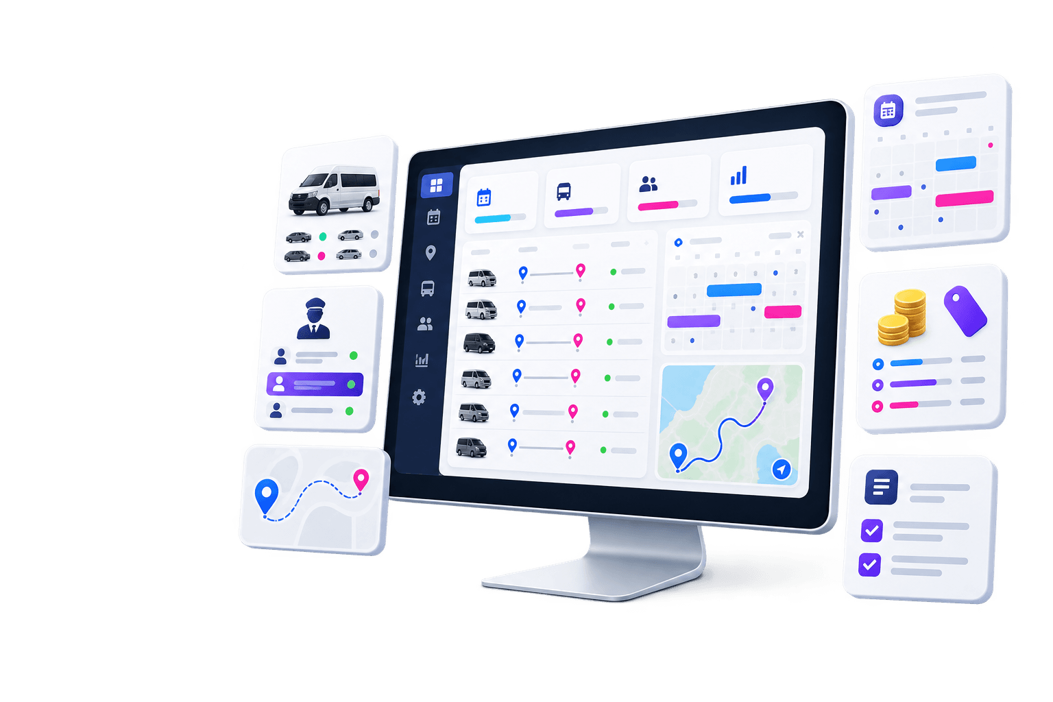 Tour operations workspace showing transfers, calendars, routes, vehicles, drivers, rates and booking rules